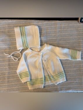 White Baby Cardigan & Hat Set with Green Stripes Vintage Handmade
